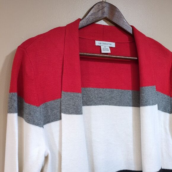 Liz Claiborne Womens M Color Block 3/4 Sleeve Open Cardigan Red White Black Gray - Picture 2 of 8